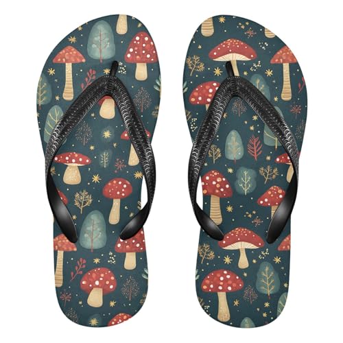 ALAZA Red Mushroom Pattern Flip Flops for Women Fashion Beach Slippers Comfort Mens Flip Flops Non-Slip Rubber Shower Slippers Sandal for Hotel Travel Sport,XS