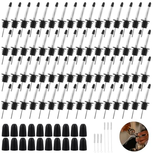 72 Pcs Stainless Steel Pour Spouts for Liquor Bottles with Rubber Dust Caps Tapered Bottle Pourers for Alcohol Olive Oil Wine Syrup Whiskey Bar Bartending Accessories
