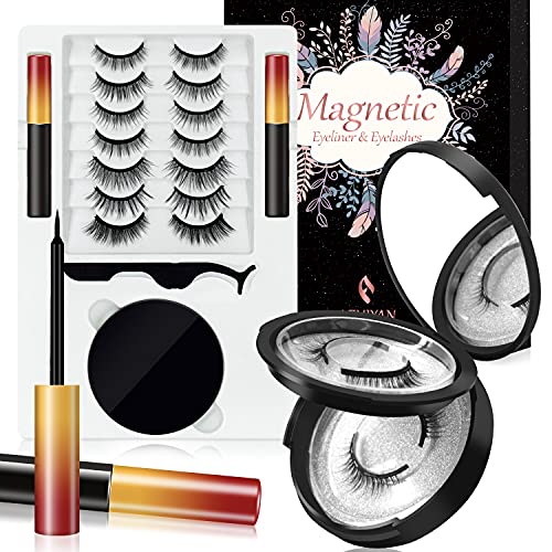AZHIYAN 3D 6D Magnetic Eyelashes with Eyeliner Kit, 9-Pair Reusable Natural Magnetic Lashes, of Magnetic Eyeliner with Tweezers & Mirror Case，No Glue Needed, Black kit
