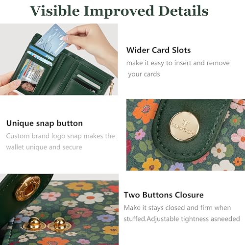 Image of Small Womens Wallet,Bifold Leather Wallet for Women RFID Card Holder Ladies Compact Pocket Wallet for Crossbody Bag (Green Floral)