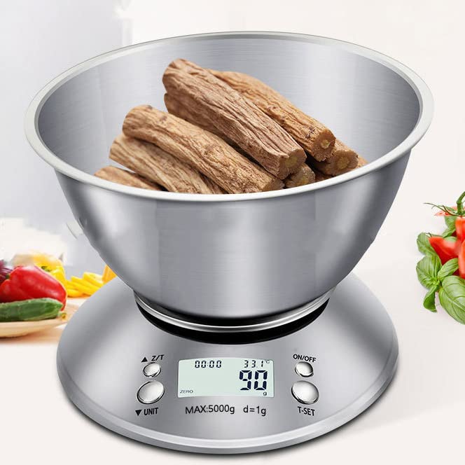 Cyfrowa waga kuchenna z miską, 5 kg/1 g, waga do pieczenia ze stali nierdzewnej do gotowania i pieczenia z czujnikiem temperatury, duży wyświetlacz, waga do ważenia mokrej (