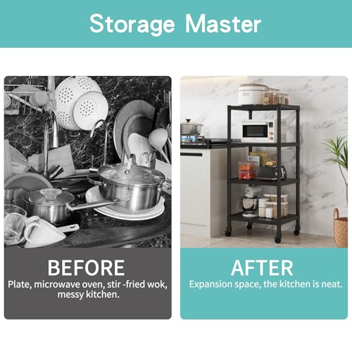 Image of HOME CUBE 4-Tier Storage Shelf with Plastic Shelves with Wheels Kitchen Organizer Rack Microwave Stand Bookshelf Standing Shelf Units Multipurpose Storage Rack for Living Room - 50x35x112 cm