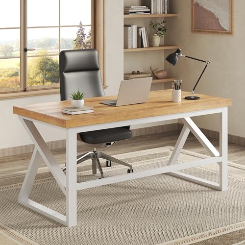 IBF 47 inch Solid Real Wood Desk, Minimalist Natural Wood Computer Desk, Rustic Desk for Home Office Writing Study, Vintage Industrial Wooden PC Gaming Workstation Computer Table, Natrual Oak