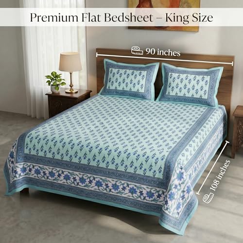 Image of Mafatlal 144 TC Heritage Queen Size Flat Bedsheet for Double Bed (90 x 100 Inches)| with 2 Pillow Covers | Soft & Smooth Printed Bedsheet for Daily Use | Glacier Blue