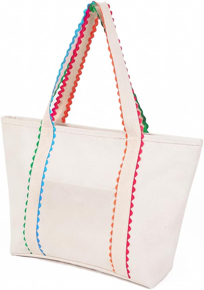 Aspire Large Canvas Tote Bag with Colored Accent Scalloped Handles, Beach Tote Bag with Exterior Pocket Zipper Closure-Natural