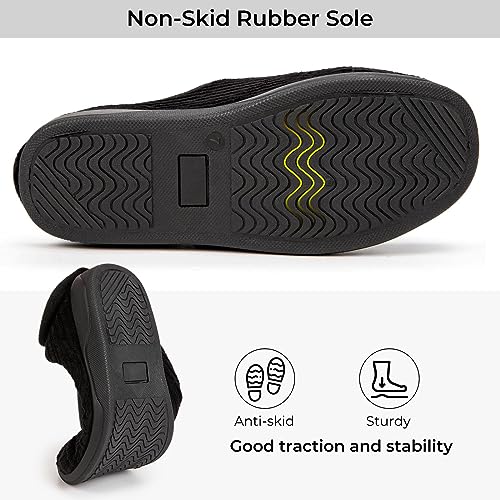 Hometop Women'S Corduroy Slippers Comfy Adjustable Hook And Loop Memory Foam Indoor Closed-Back House Shoes For Diabetic Swollen Feet Matt Black thumb #4