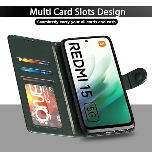 Image of Pikkme Flip Cover for Redmi 15 5G Leather Finish | Inside TPU with Card Pockets | Wallet Stand and Shock Proof | Complete Protection Flip Case(Green)