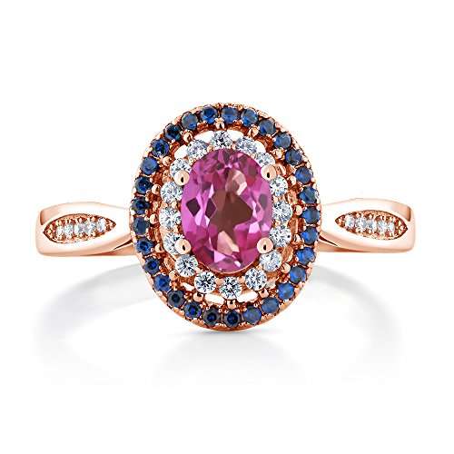 Gem Stone King 18K Rose Gold Plated Silver 7X5MM Oval Gemstone Birthstone Double Halo Wedding Engagement Anniversary Promise Ring For Women | Available In Size 5, 6, 7, 8, 92