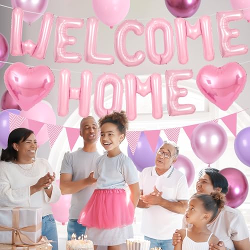 Welcome Home Decorations Pink,Welcome Home Foil Balloon Banner with Pink Heart Balloons Pennant Flag Bunting for Housewarming Baby Shower Family Party Supplies - Image 3