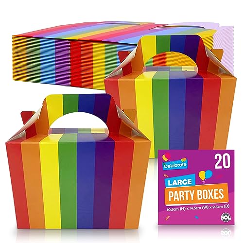 SOL 20pk Large Rainbow Birthday Party Boxes for Kids Party Food - Easy to Assemble Handle for Cake and Treats Perfect for Snacks Goodies and Lunches - Bright Design for Birthdays and Celebrations