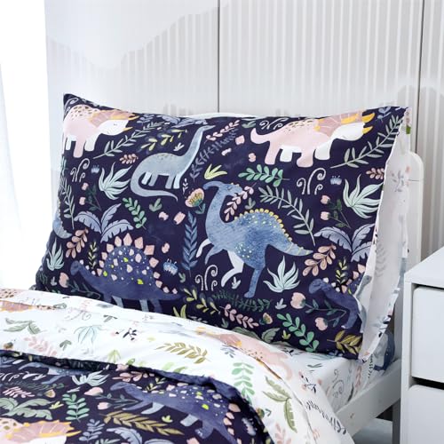 Image of Pea Pod 4 Piece Dinosaur Toddler Bedding Set for Boys, Premium Blue Toddler Comforter Set Crib Sheets Set Includes Flat Top Sheet, Fitted Sheet, Comforter, Envelope Pillowcase,Ultra Soft