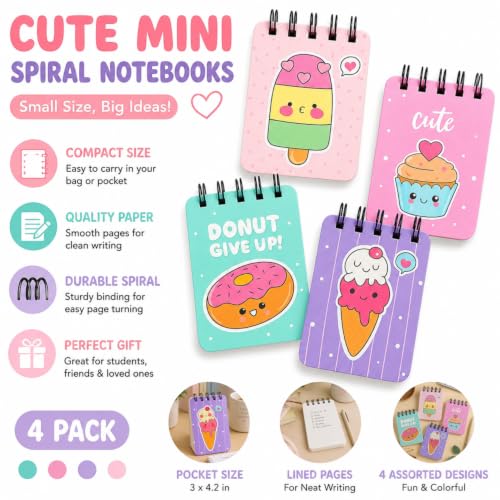 Image of Pocket-Size Notepad (Pack of 4) 100 Pages, Mini Memo Pads for Daily Notes, Lists, Work & Journaling (7x12 cm) Notepad for Office - Dessert Dreams