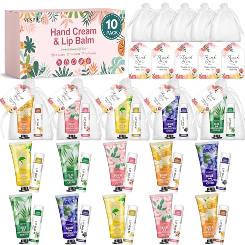 VESPRO 10 Pack Bulk Hand Cream and Lip Balm Sets Mothers Day Gifts for Mom Teacher Appreciation Gifts Nurses Week Gifts Thank You Gifts and Birthday Gifts with Thank Card Organza Bags