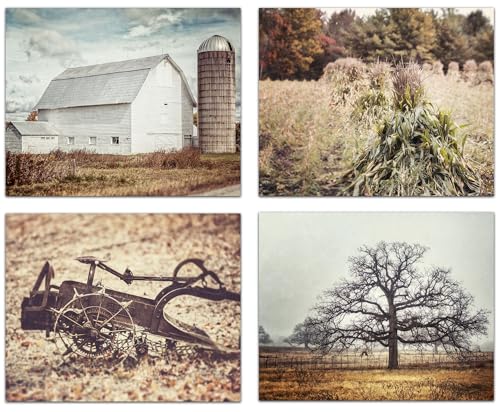 LISA RUSSO FINE ART - Vintage Farmhouse Wall Decor Set of 4 SMALL 5x7” Unframed Neutral Earth Tone Farm Landscape Prints - Country Rustic Art