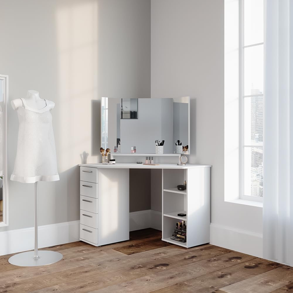 Coiffeuse D'angle Sofia Par Vicco – Blanc, 5 Tiroirs, Miroir, 142x128x51 Cm, Neuve
