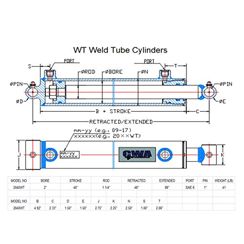 Image of WT Weld Cross Tube Hydraulic Cylinder 2 inch Bore x 40 inch Stroke x 1 1 /4 inch Rod x SAE 6 Port x 3000 PSI