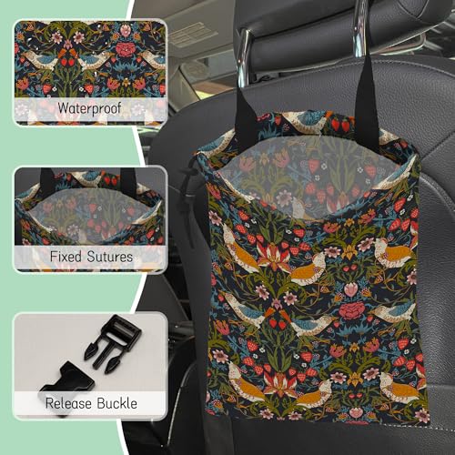 Image of Victorian Birds Car Garbage Bag,Berries and Flowers Waterproof Small Car Trash Bag Hanging Back of Seat,Drawstring Hanging Car Trash Bag with Adjustable Buckle for Car Accessories