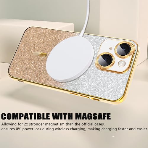 Image of Misscase for iPhone 15 Magnetic Glitter Case Compatible with MagSafe,Camera Lens Protector Full Protection Elegant Anti-Scratch Dust-Proof Net Case Cover for iPhone 15 Gold