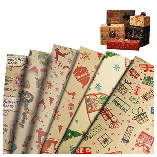 6 Hojas Papel de Regalo Navidad,70x40cm Papel Para Envolver Regalos,Papel Regalo Navideño Grande,Kraft Papel Regalo Navideño,Papel de Regalo Estampado,Rollo de Papel de Regalo