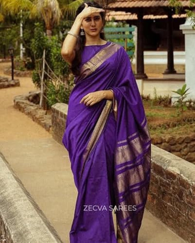 Image of ZECVA Women's Soft Kanjivaram Silk Saree For Women With Attach Unstitch Blouse Piece