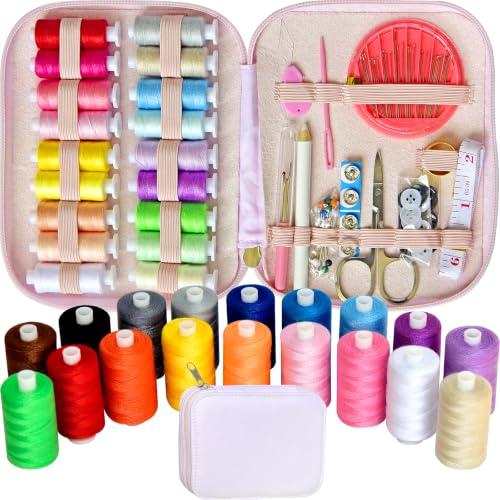 Image of Sewing Kit with Case Portable Sewing Supplies for Home Traveler, Adults, Beginner, Emergency, Contains 18 Sewing Thread, Scissors, Needles, Measure etc (Pink)