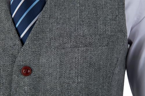 Wehilion Mens Tweed Vest Herringbone Full Back Wool Blend V-Neck Slim Fit Waistcoat3