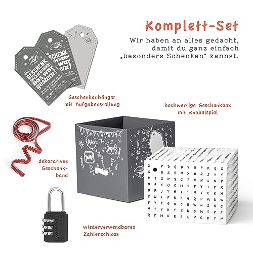 SURPRISA Geschenkbox, Rätselbox Geldgeschenke Verpackung, Gutscheine zum Geburtstag oder Hochzeit, Worträtsel, Größe S (12cm)