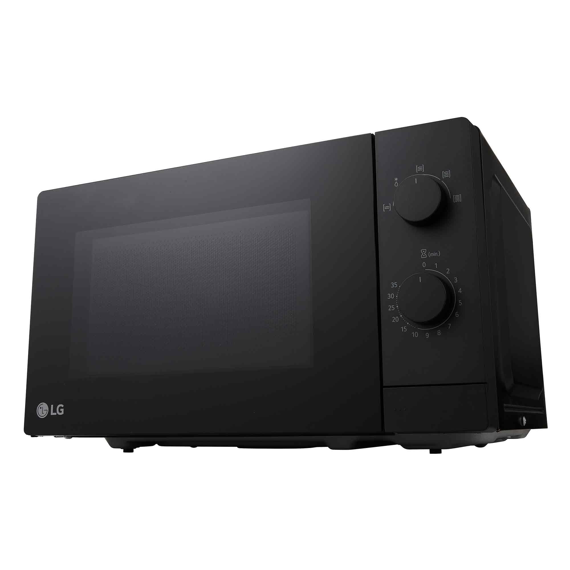 LG MS2082F Solo-Mikrowelle mit 700 W, 20 L Kapazität, 439 mm Breite. Intuitive Doppel-Drehregler, helle LED-Innenbeleuchtung, Auftaufunktion, minimalistisches Design mit Vollglastür, Schwarz.