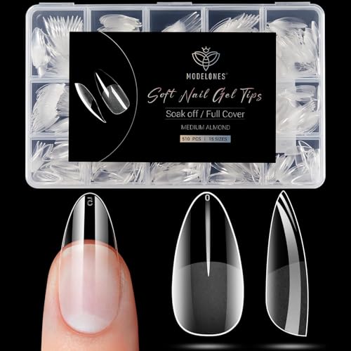 Modelones Almond Fake Nail Tips -510Pcs Medium Soft Gel Nail Tips Almond Shape Pre Etched Half Matte...