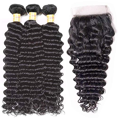 Brazilian Deep Wave 3 Bundles With Lace Closure 8a 100% Unprocessed Virgin Human Hair Bundles With Closure Natural Color(10 12 14+10)