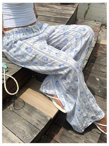 MakeMeChic Women's Pants Starfish Wide Leg Elastic Waist Tie Front Drawstring Boho Trousers4