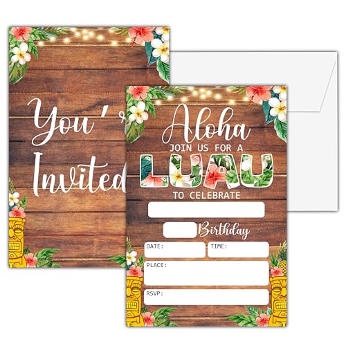 Invitations anniversaire hawaïennes Luau carte double face avec enveloppe fête A08