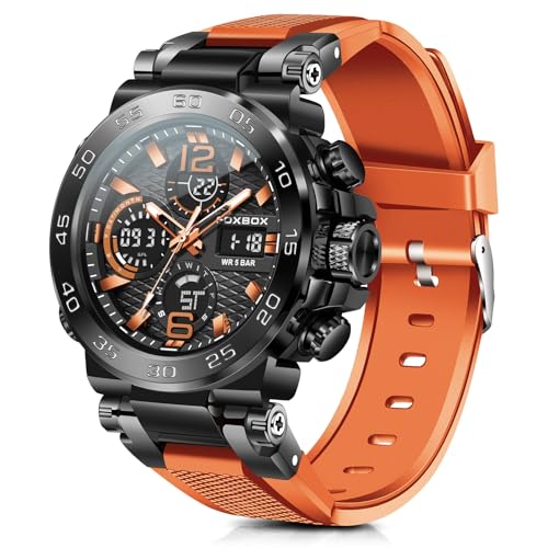 Image of LIGE Stylish Men's Watches Sports Outdoor Waterproof Military Watch Date Multi Function Tactics LED Alarm Orange Dial Stopwatch Analog Digital Orange Silicone Strap Wristwatch for Man