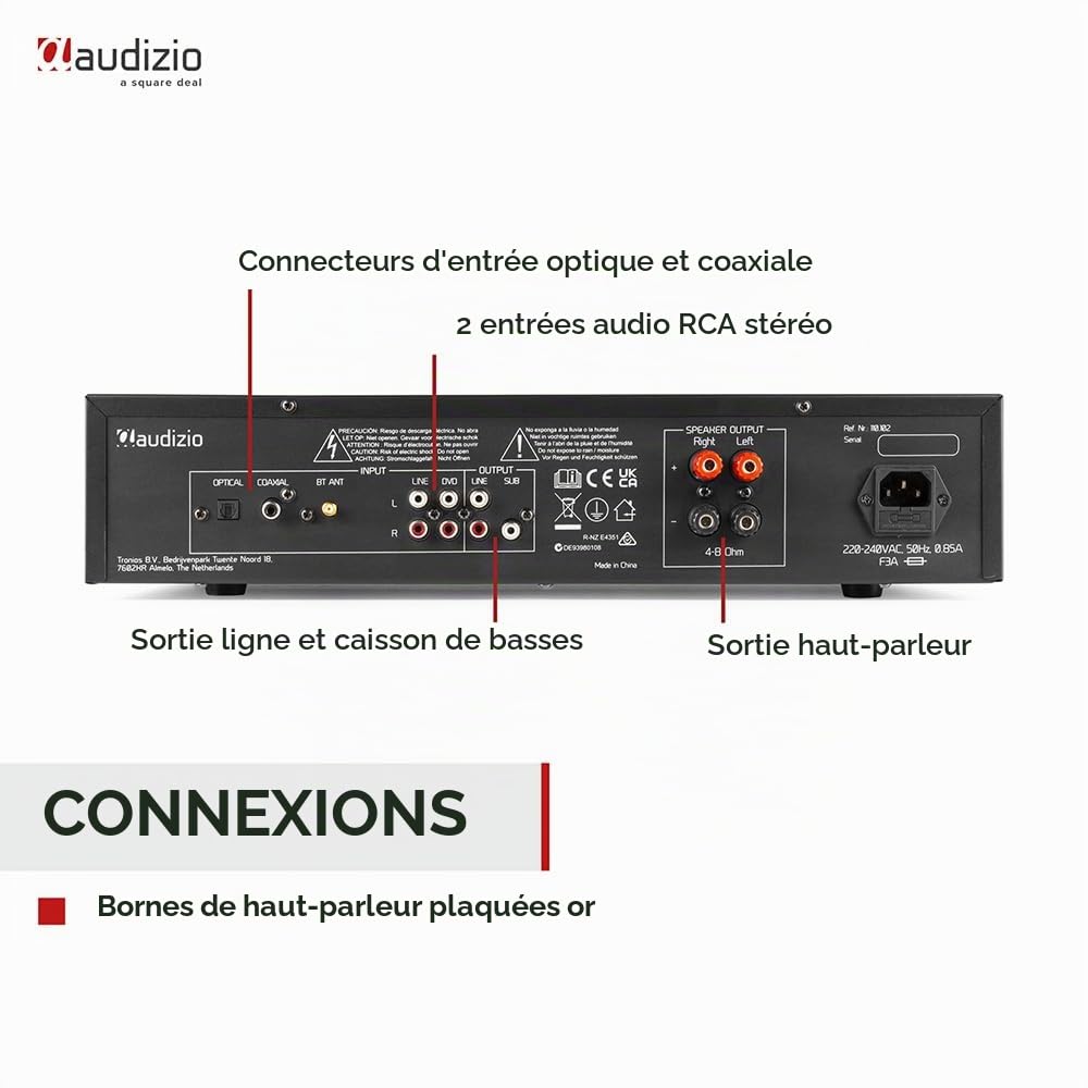 Audizio AD220B Amplificateur HiFi Bluetooth 2.1 - Noir, 400 Watts, 4 Ohms, 2 Sorties Enceintes, 1 Sortie Sub, Lecteur MP3, Égaliseur de Son, Idéal pour Vos Films et Écouter Votre Musique