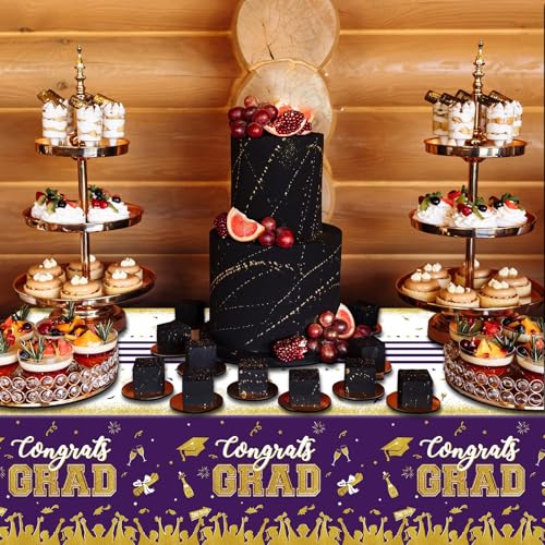 Image of chiazllta Set of 3 Graduation Tablecloths Class of 2026 Congrats Grad Purple Graduation Party Tablecover Decorations Party Supplies Large Size Plastic 54 inchx108 inch(Purple & Gold)