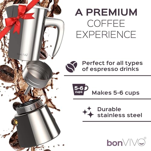 bonVIVO Moka Pot 6 Cup (300ml) – Intenca Stainless Steel Espresso Maker with Copper Finish, Stove Top Italian Coffee Maker for Gas & Electric Hobs, Classic Coffee Pot, Gift for Men & Women - Image 3