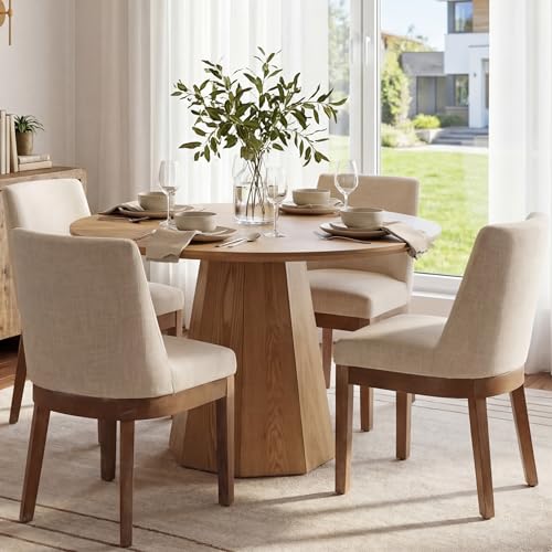 RIVOVA Modern Dining Chairs Set of 4 Comfortable Dining Room Chairs with Back, Linen Fabric Upholstered Kitchen Side Chairs with Natural Wood Legs for Living Room, Beige