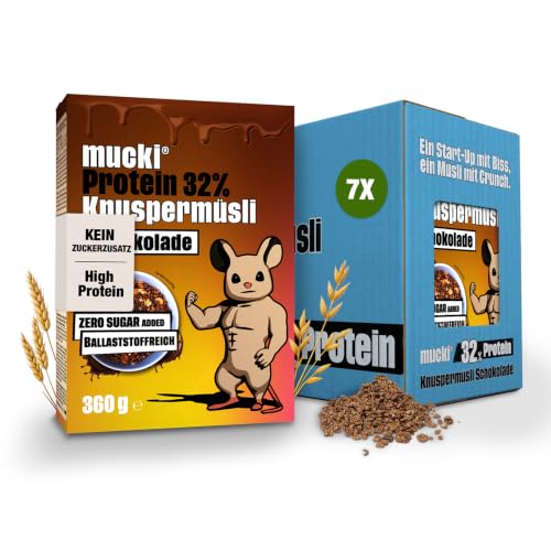 mucki Protein Knuspermüsli mit Schokolade 360g x 7-7er Pack Hochwertiges Protein Müsli ohne Zucker Proteinreiches Schokomüsli mit 32% Proteingehalt Haferflocken Sojacrispies und Ballaststoffen