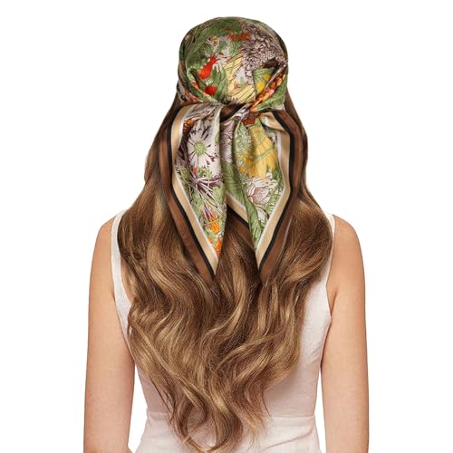 EXTREE 100% Pure Mulberry Silk Scarf Fashion Hair for Women Scarf Lightweight Square Neckerchief 27.5× 27.5 inches Flower Window