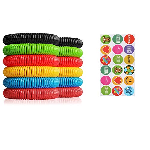 Telgoner Pulsera Antimosquitos, Pulseras Repelentes de Mosquitos, Incluye 12 Piezas 100% Naturales Antimosquitos Pulsera y 24 Pegatinas Antimosquitos, Ajuste para Niños Adultos Camping Senderismo