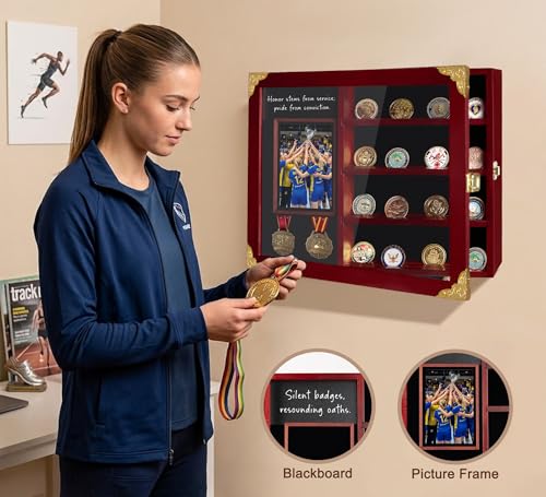 Image of Challenge Coin Display Case Wall Mount with Light, Removable Shelves and Picture Frame for Honor Military Coin Holder, Memorial Gift for Veterans Men Collectors (Reddish Brown)
