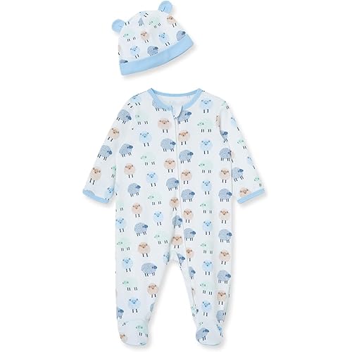 Little Me Baby Boy Clothes 2-Piece Baby Sleeper and Cap Set, 100% Cotton Footies Baby Essentials, Preemie to 9 Months
