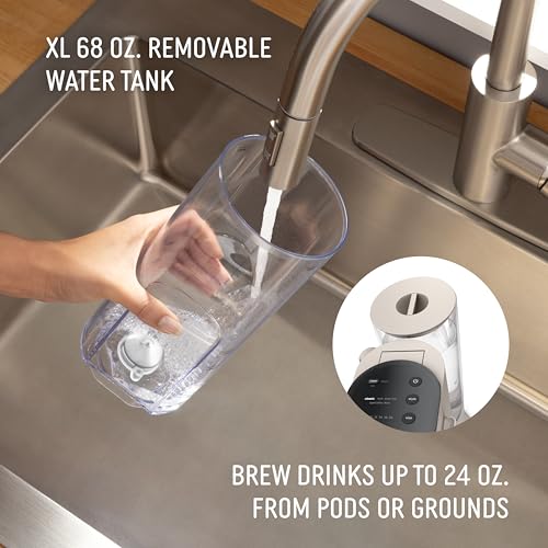 Ninja Pod & Grounds | Coffee Maker | XL Single-Serve | K-Cup Pod Compatible | Brews Grounds | Compact Design | Built-In Milk Frother | 68-oz. Reservoir, 6-oz. Cup to 24-oz. Mug Sizes | Stone |PB055AST