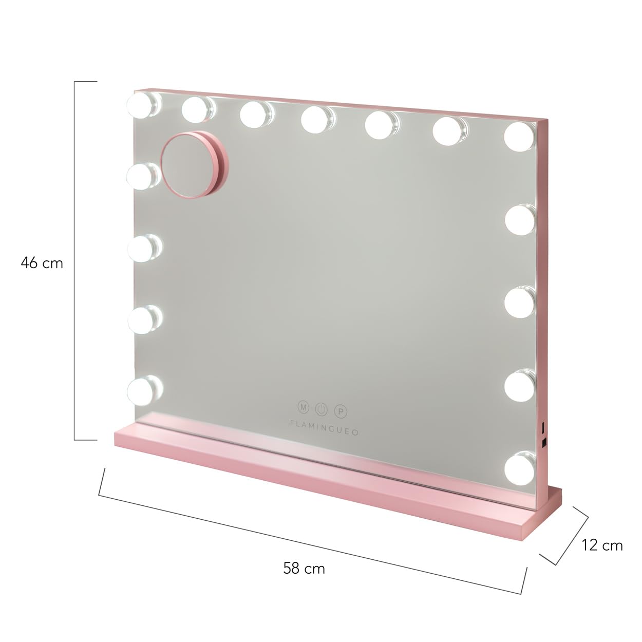 Flamingueo Espejo Maquillaje con Luz - 15 LED - 3 Modos de Luz - Intensidad Ajustable - Control Táctil - Puerto USB - Espejo con Aumento Incluido - Vanity Mirror - Rosa - 58x12x48cm