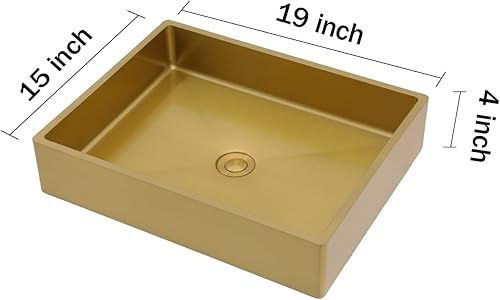 Miniatura 8 de Fulorni - Fregadero dorado de acero inoxidable de 19 x 15 pulgadas, chapado en oro, nano titanio, sobre encimera, rectangular, lavabo de lujo