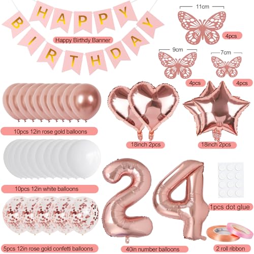 Image of Rose Gold 24th Birthday Decorations for Women, 24 Year Old Sign with Happy Birthday Banner, 40In Number 24 Foil Birthday Balloons, Butterfly Decorations, Heart and Star Balloons