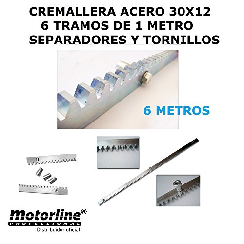 6 metros cremallera de acero cincado 30 x 12 con separadores y tornillos para motor de puerta o cancela corredera, estandar compatible con cualquier marca de motor