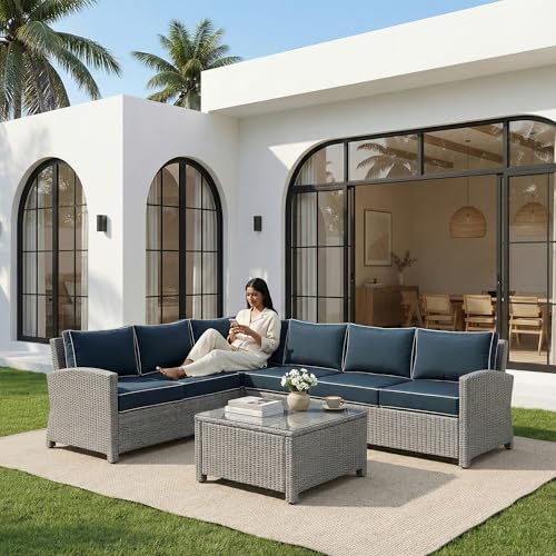 Image of OUTLIVING Outdoor Sofa Set || Patio Furniture Sets || Balcony Sofa || Indoor Sofa || Wicker Rattan Garden Sofa Set with Cushion and Center Table (6 Seater Grey with Navy Blue Cushions)