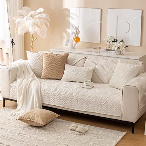 Vctops Super Soft Velvet Quilted Sofa Couch Covers Non-Slip Sectional Couch Cover Leaf Pattern Plush Sofa Slipcover Furniture Protector For Pets Kids Children Dog Cat (Cream,43"X82") #TOP2