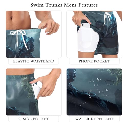 Mens Swim Trunks with Liner, Knight Darkness Cool Quick Dry Beach Swim Shorts, Swimwear Bathing Suits S3